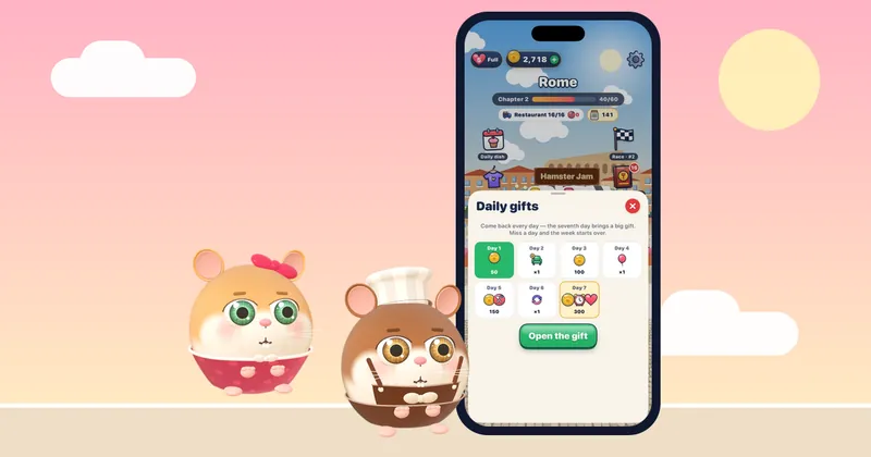 A cozy restaurant hall in Hamster Jam, a featured cozy mobile game for 2026 on iPhone