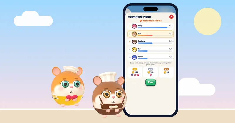 مشهد هادئ من لعبة Hamster Jam على iPhone كاستخدام واعٍ للشاشة ضمن ديتوكس رقمي لطيف
