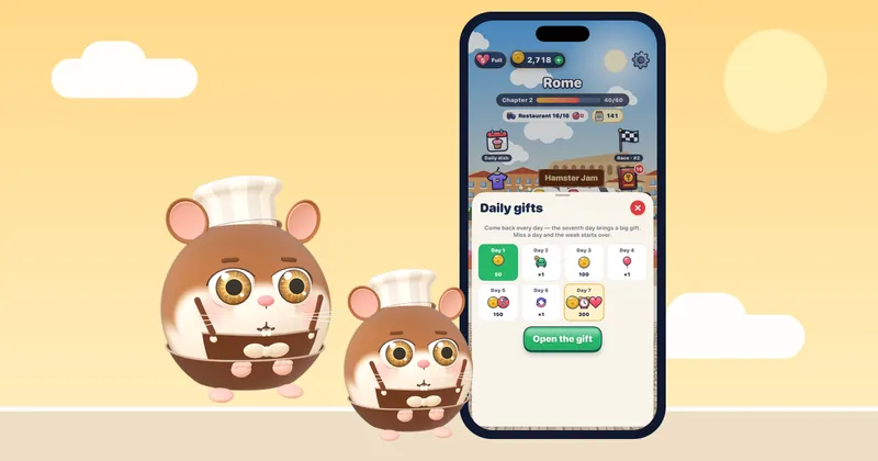 Hamster Jam, a free offline puzzle game for iPhone, with a hamster hopping to its dish