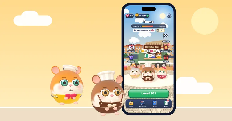 A parent and child playing the gentle Hamster Jam puzzle together on an iPhone