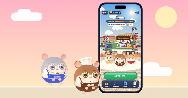 A quick Hamster Jam puzzle level on an iPhone, a tiny five-minute break to relax and reset