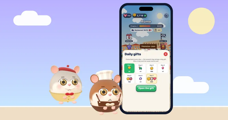 A cozy restaurant hall in Hamster Jam on an iPhone, representing relaxing hobbies to try at home
