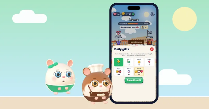 A cozy game scene from Hamster Jam, rebuilding a warm restaurant hall on an iPhone